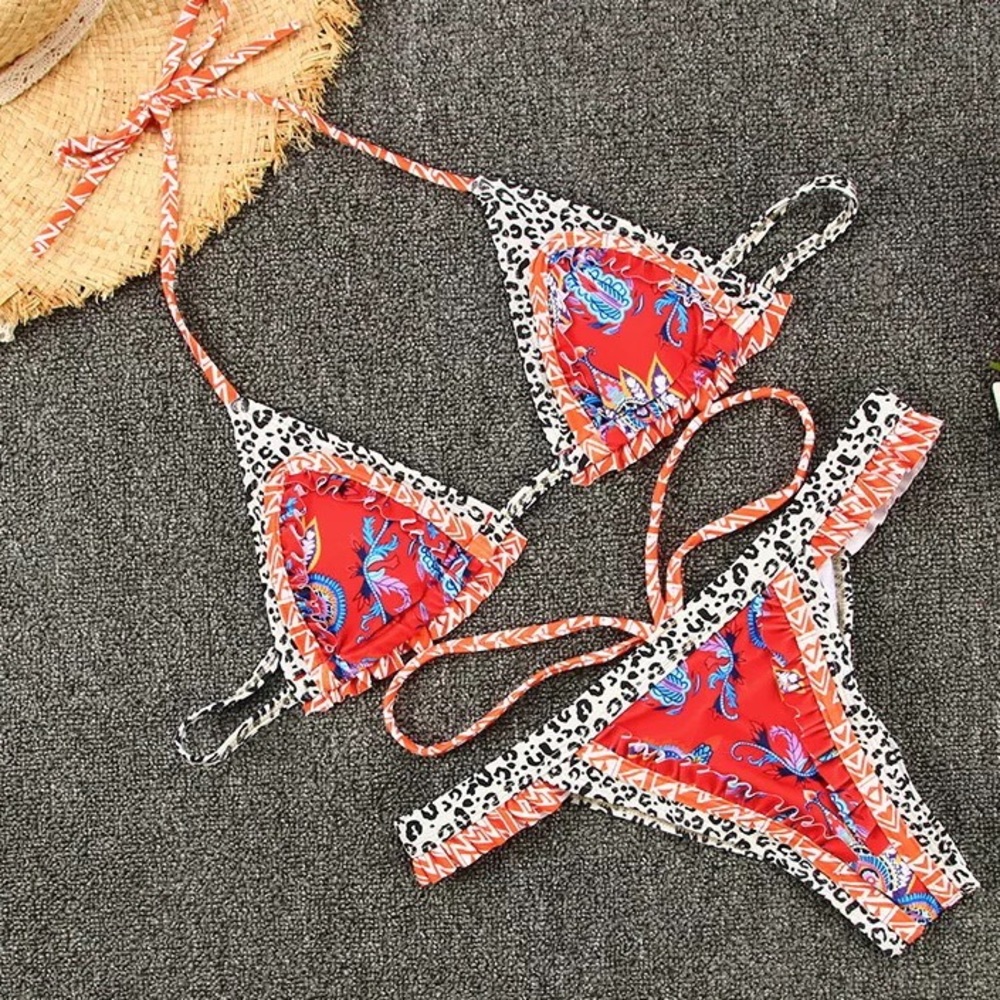 Red Thai Whispy Floral & Ruffle Brazilian Bikini - Picture 8 of 9